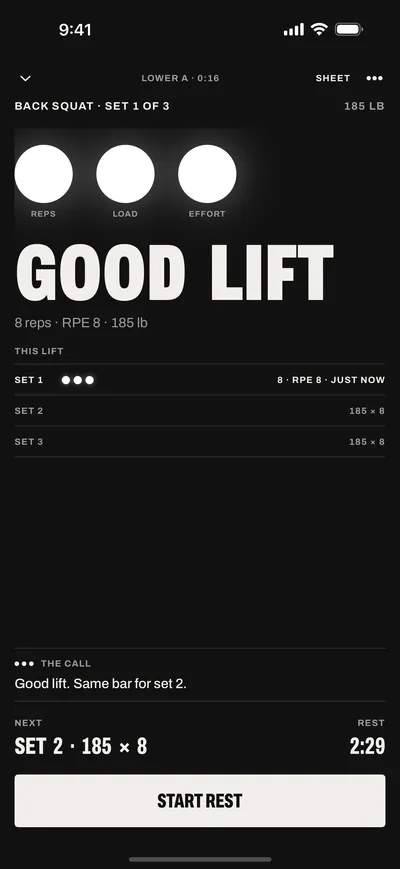 The set screen after a good lift: three white lamps over REPS, LOAD and EFFORT, the words GOOD LIFT, and 8 reps at RPE 8 with 185 lb.