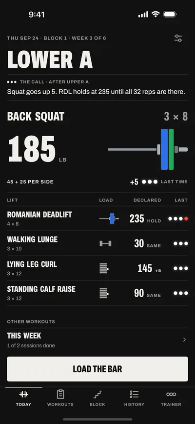 Today: Lower A in week 3 of 6, the call from the last session, Back Squat at 185 lb drawn as 45 and 25 per side, and the other lifts with their loads.
