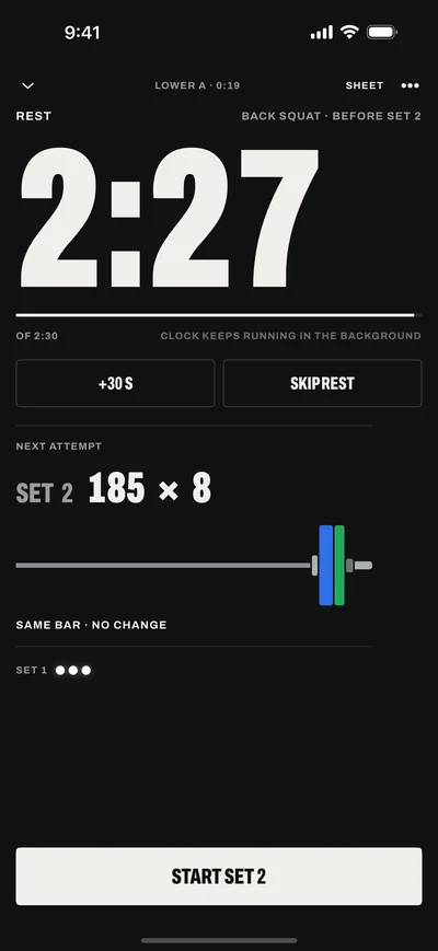 The rest screen: 2:27 left of 2:30, buttons for +30 s and Skip rest, and the next set, set 2 at 185 × 8, drawn on the bar.