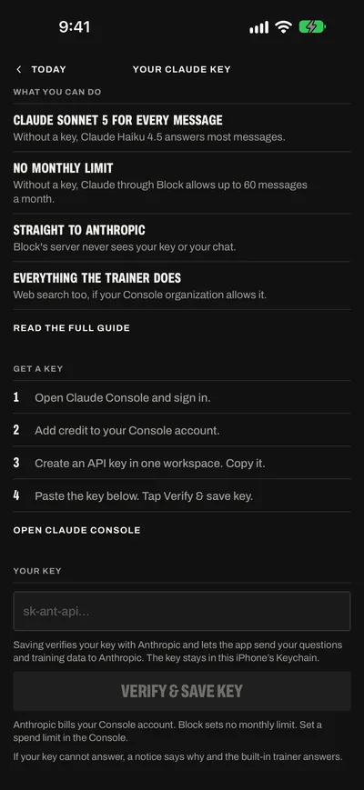 Settings, Your Claude key, with no key saved: What you can do, the four steps under Get a key with Open Claude Console, then the key field and Verify & save key.
