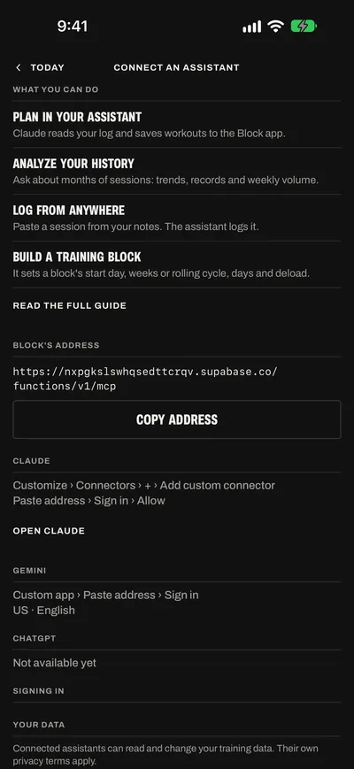 Connect an assistant in the Block app: What you can do with Read the full guide, Block's address with Copy address, the steps for Claude, Gemini and ChatGPT, and Your data.