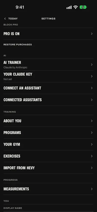 Settings: Block Pro at the top, then the AI group with AI trainer, Your Claude key, Connect an assistant and Connected assistants.