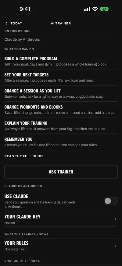 Settings, AI trainer: who answers on this iPhone, What you can do with Read the full guide, Ask trainer, the Use Claude switch, Your Claude key and Your rules.